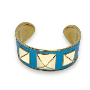 REBECCA MINKOFF GOLD BLUE LEATHER ENAMEL PYRAMID STUD CUFF BRACELET
